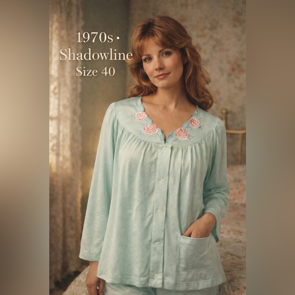Vintage 1970s Shadowline Mint Embroidered Rose Snap Front Pajama Top Size 40